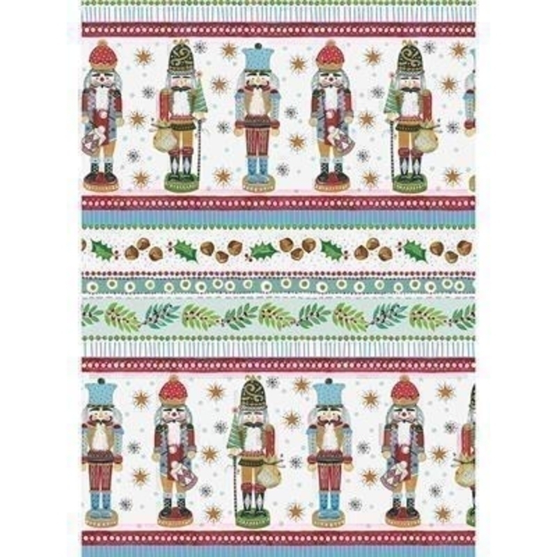 The Nutcracker is a much loved Christmas tale so this beautiful paper couldn''t be more appropriate for the festive season. With a white background it is decorated with holly and Nutcrackers. With hot foil stamping and blind embossing. Approx size 70cm x 2m